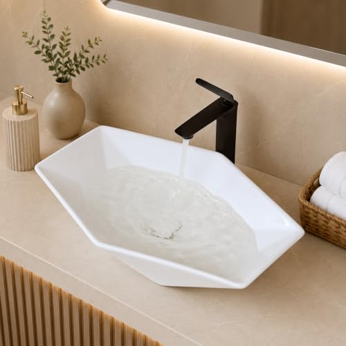 Image of QUALITO White Table Top Wash Basin for Bathroom, Living Room, Hall, Dinning Room | Countertop /Over Counter Ceramic Vessel Sink /Basin | Glossy Finish Table Top Wash Basin (Diamond)