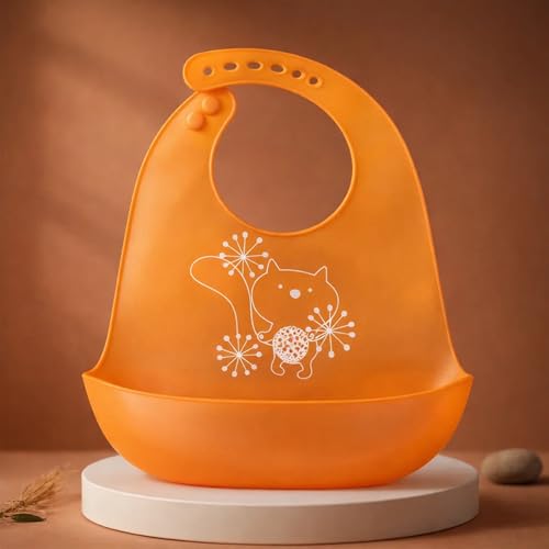 Image of BabyGo Silicone Baby Bib for Feeding & Weaning Infants & Toddlers |Waterproof, Washable & Reusable | Adjustable Neckline, Lightweight & Foldable Bib with Deep Food Catcher Pocket |Orange (Pack of 1)