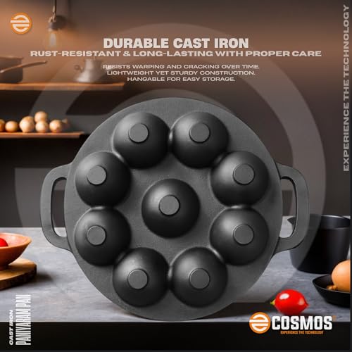 Image of E-COSMOS Pre Seasoned Cast Iron 9 Cavity Appam Patra, Paniyaram Pan Iron, Appam Pan, Pan Cake, Paddu, Appam Maker, Ponganal Maker, Appe and Litti Maker with 2 Side Handle, 23cm, Black (9 Cavity)