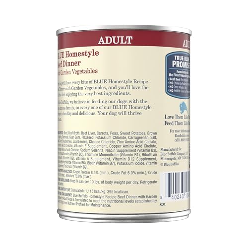 Blue Buffalo Homestyle Recipe Adult Wet Dog Food, Made with Natural Ingredients, Beef Dinner With Garden Vegetables, 12.5-oz Cans (12 Count)