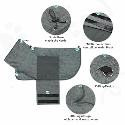 Woiil 100% Baumwolle Hundebademantel, Ultra Saugfähiger Bademantel Hund, Mit Klettverschluss Und Verstellbarem Gummizug, Maschinenwaschbar, Geeignet Für Große, Mittlere Und Kleine Hunde, Grau (M)