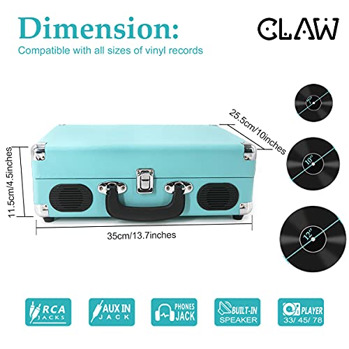 Image of Claw Stag Portable Vinyl Record Player Turntable with Built-in Stereo Speakers, Volume Control Knob, AUX Input and RCA Output, 78 RPM Speed, High Qualiy Diamond Stylus and Headphone Jack (Blue)