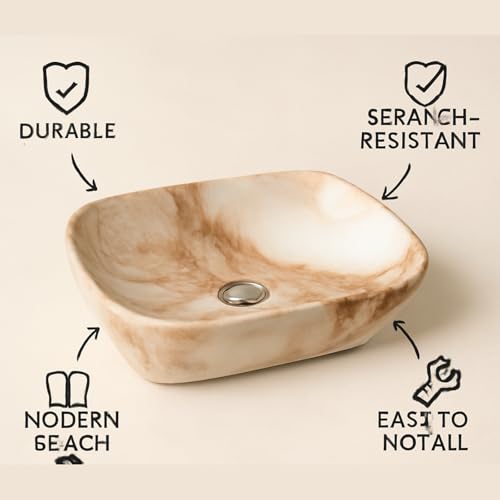 Image of Ceramic Tabletop Wash Basin - Glossy Rectangular Countertop Vessel Sink with Marble Finish for Bathroom & Vanity | Compact 18 x 13 x 5 Inch | Elegant Washbasin