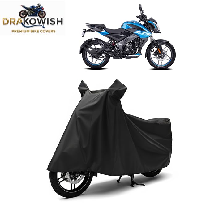 Image of DRAKOWISH Waterproof Bike Cover for Bajaj Pulsar NS 125 All Weather Protection from Rain, Dust, Heat & Scratches with Mirror Pockets & Buckle Belt | NS 125 Bike Cover | Black