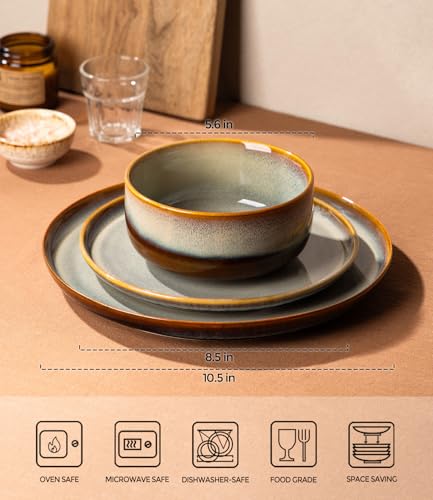 Image of Ceramic Dinnerware Sets for 8, 24 Pieces Handmade Reactive Glaze Plates and Bowls Set, Scratch Resistant Dish Set, Oven & Microwave & Dishwasher Safe, Dusk Blue