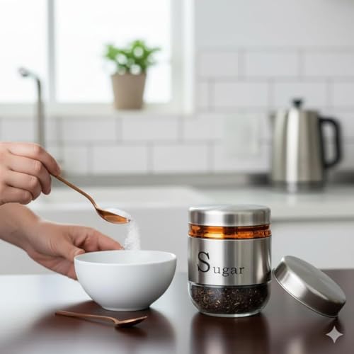 Image of 350ml Canister Set of 3 | Premium Glass Jars with Stainless Steel Lids | Airtight Kitchen Storage Containers for Tea, Coffee, Sugar | Transparent Spices Masala Organizer