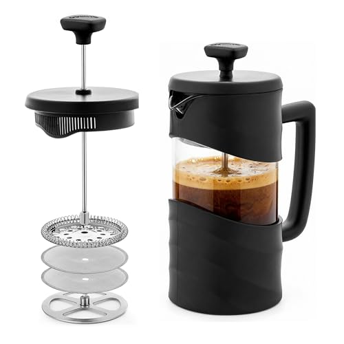 OVENTE French Press Coffee Maker 20 Ounce with Heat Resistant Borosilicate Glass & Stainless Steel 4-Level Filtration System, Portable Cold Brew Coffee Maker for Travel, Camping or Gift, Black FPW20B by OVENTE - Used condition - US$10.66