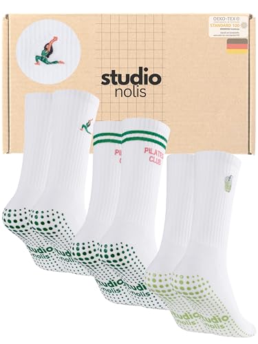 Studio Nolis Pilates Socken mit Noppen - Rutschfeste Tennissocken - 3er Set - Crew Socks Grip - Reformer Yoga Gym Matcha - Oekotex 100 Baumwolle (39-42 Pilates Club)