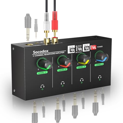 socodox Amplificador de Auriculares de 4 Canales con Jacks de 3,5 mm/6,35 mm/RCA, Divisor de Auriculares de Metal con 8 Puertos de Salida para Auriculares, Compacto con Interruptor estéreo y luz RGB