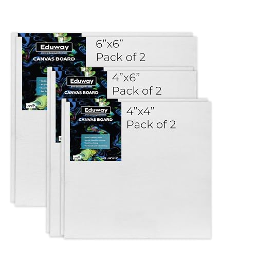 Image of Eduway Canvas Board for Painting- (4x4 | 6x6 | 4x6) 2 pcs Each | Premium Quality 7Oz Pre-Primed Cotton Canvas Board for Artists & Beginners | Ideal for Acrylic, Oil, Gouache Colors (Pack of 6)