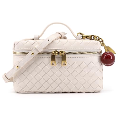 Image of Small Woven Box Crossbody Bags for Women Designer Leather Mini Top Handle Clutch Purse Square Vanity Bag with Cherry Charm
