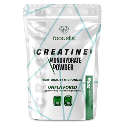 Foodelis Creatina monohidratada en polvo micronizada 300g / 100 dosis - Pura sin aditivos - Sin sabor - Incluye dosificador - Alta solubilidad - 100% creatina monohidrato micronizada