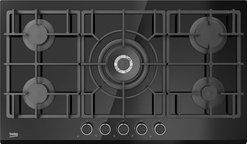 Beko 90cm Builtin Gas Hob with 5 High Efficiency Gas Burner, full safety, Cast-iron Pan Support, Integrated Ignition, Central Zone(4 Kw) Black Glass Colour, HISW 95225 SEL