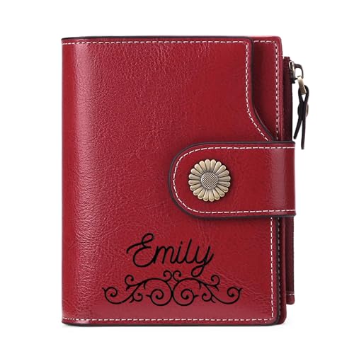Personalized Customized Small Wallet,Engraved Name Leather Wallets Bifold Card Holder RFID Blocking with Zipper Coin Pocket Purse For Women (Wax-Red)