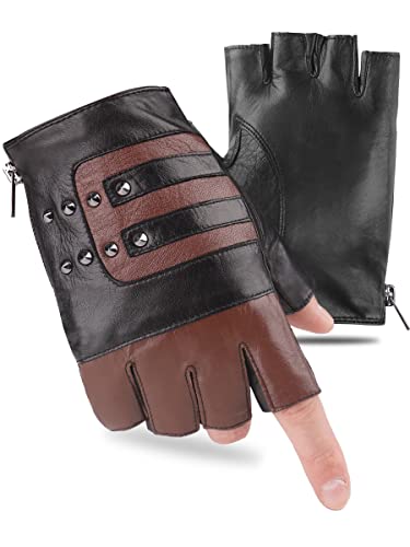 Fioretto Mens Fingerless Gloves Genuine Leather Unlined Half Gloves Punk Gloves For Driving Motorcycle Brown M #TOP2