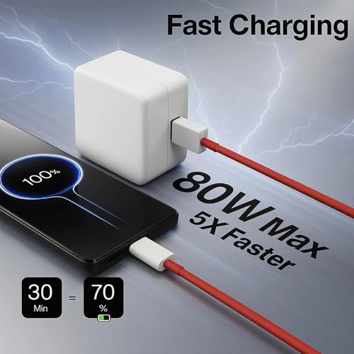 Image of 80W Fast Charger Adapter & USB-A to Type C Cable Combo, Compatible with OnePlus, Realme, Xiaomi, Redmi, OPP, Vivo & Other Smartphones, Type C Charger Supports Dash, Warp, Vooc,SuperVooc