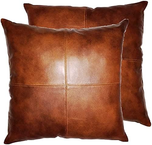 HideNgo Lambskin Leather Pillow Cover - Chair, Bed, Chaise Lounge, Sofa Cushion Case - Decorative Throw Pillow Covers for Living Room & Bedroom 18 x 18 Inches - Mango Tan Antique Pack of 2