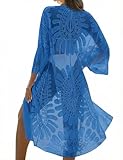 Blooming Jelly Womens Bathing Suit Cover Up 3/4 Sleeve Mesh Swimsuit Coverup Long Floral Beach Lace Kimono Summer Cardigan