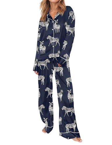 Image of SHESHOW Satin Pajamas Set for Women Set Long Sleeve Button Down Pjs Sets 2 Piece Loungewear Animal Sleepwear XS-XXL