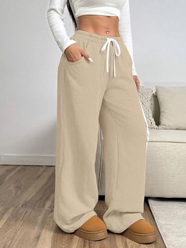 Image of Women's Trendy Korean Trouser with Pockets, Casual Corduroy Stretchable Baggy Loose || High Rise Elastic Waist Going Out Lounge Pants || Wide Leg Pants for Woman
