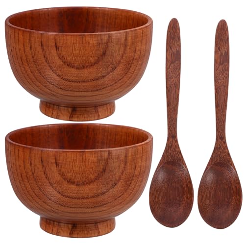 ERINGOGO 木製和風食器 大容量木製ボウルとスプーン点入り 滑らかで軽量 食洗機対応 手入れ簡単 安定した厚底でご飯や麺類に おしゃれなテー