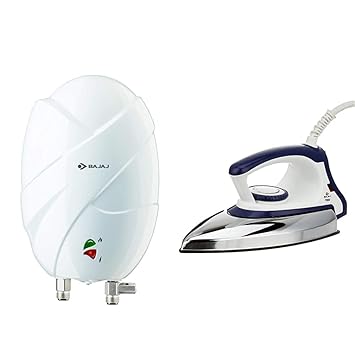 Bajaj Flora Instant 3 Litre Vertical Water Heater, White & Majesty DX 11 1000-Watt Dry Iron (Blue/White) Combo