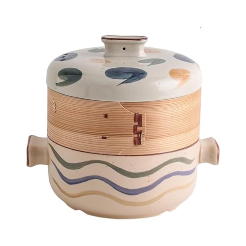 Cacerola Japonesa con Cesta de Vapor de bambú, cazuela de cerámica de Barro, Olla for cocinar al Vapor.(A,4L)