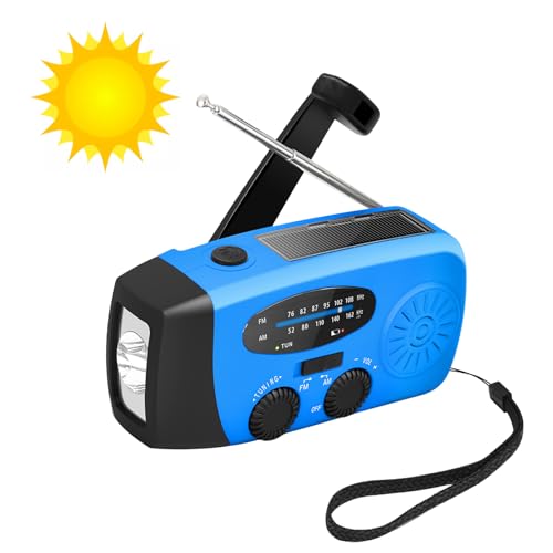 Radio Solar De Emergencia, Radio De Manivela con Linterna LED, Alarma SOS, Am/FM A Pilas Y Solar, con Batería De 2000 MAh para Carga De Smartphone