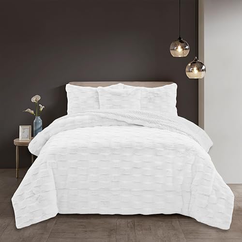 NOVOTEXTIL Edredón Invierno Sherpa Cama 135 (230x260) Extra Grueso 560gr/m2 Efecto Borreguito - Edredón Suave, Cálido y Transpirable con 2 Fundas Almohada (50x70) (Bergen Blanco)