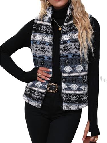 SOLY HUX Women's Graphic Jacket Vest Fuzzy Fleece Zip Up Cardigan Sleeveless Casual Outwear with Pockets
