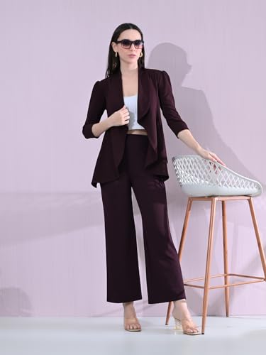 Image of Women's Solid Relaxed Fit 3 /4 Sleeve Cotton Blend Co-ord Blazer and Trouser Set