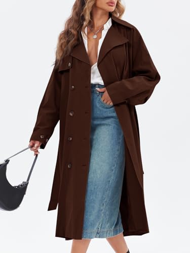 Tankaneo Coffee Double Breasted Trench Coat with Classic Lapel Belt and Oversized Fit in Medium - Image 3
