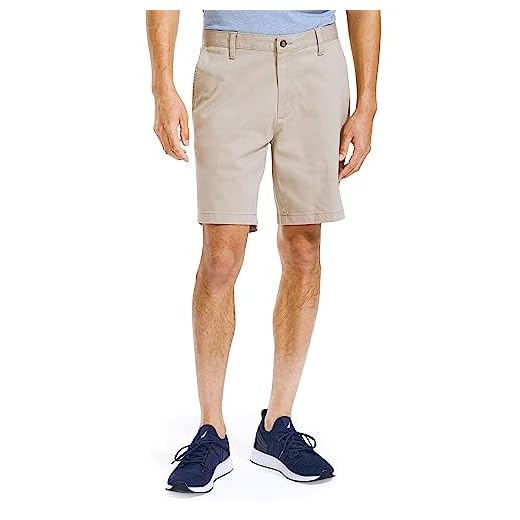 Nautica mens Classic Fit Flat Front Stretch Solid Chino "Deck" Casual Shorts, True Khaki, 34 US