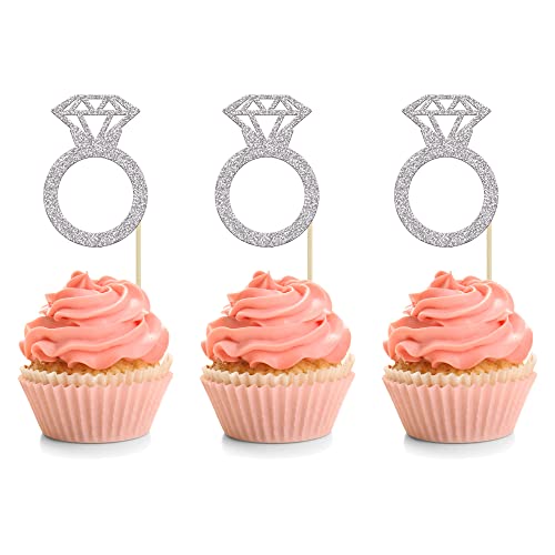24Pcs Silver Glitter Diamond Donut Ring Cupcake Topper Picks Wedding Engagement Cake Decorations For Engagement Bridal Shower Party Cake Decorations #TOP10