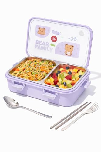 Image of Brand Conquer Lunch Box Leak-Proof BPA Free Stainless Steel for School, Lunch Box for School & Office with a Fork, a Spoon and a Pair of Chopsticks (Purple, Bear Family 2 Compartment)