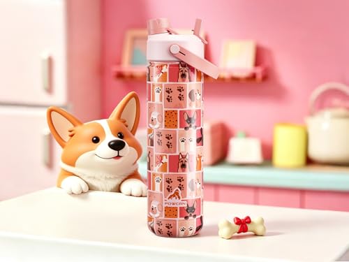 Image of POWCAN 26 oz Insulated Water Bottle with 2-in-1 Straw and Spout Lid, Keep Cold 24H, Leak-Proof, Fits in Car Cup Holder, Stainless Steel Water Bottle for Dog Lovers, Puppy Theme, Gift (Pawfect Day)