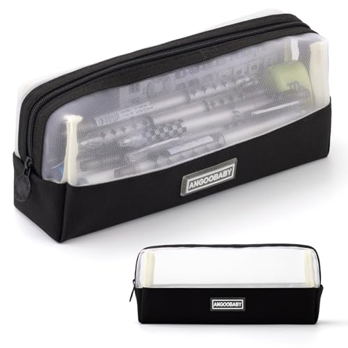 Image of ANGOOBABY Mesh Pencil Bag Clear pencil case Zipper Pouch Bags Multifunctional Pencil Holder for Students, Small Makeup Bag Suitable for Teen Girls & Boys (Black)