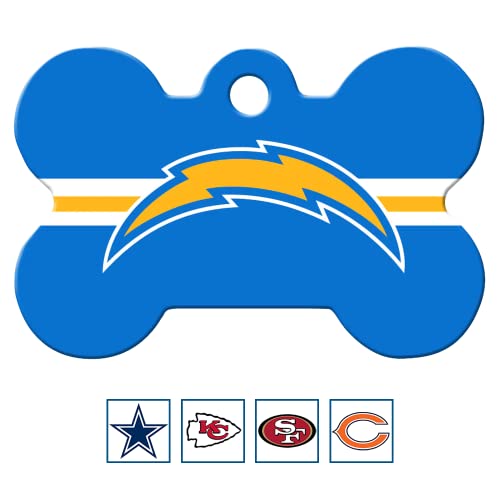 GoTags Personalized LA Chargers Dog Tag, Brass Metal Bone Shape Pet ID Tag Engraved with Name and Custom Text, Every NFL Football Team Pet Apparel (Large)