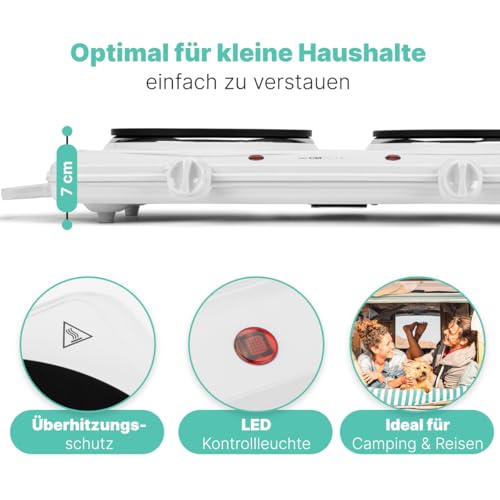 Clatronic® Doppelkochplatte für Camping, Küche oder Büro | 2 Platten Ø ca. 180mm & 150mm | Herdplatte mit 2 stufenlosen Thermostaten & 2 Kontrollleuchten | hitzebeständige Lackierung | DKP 3583