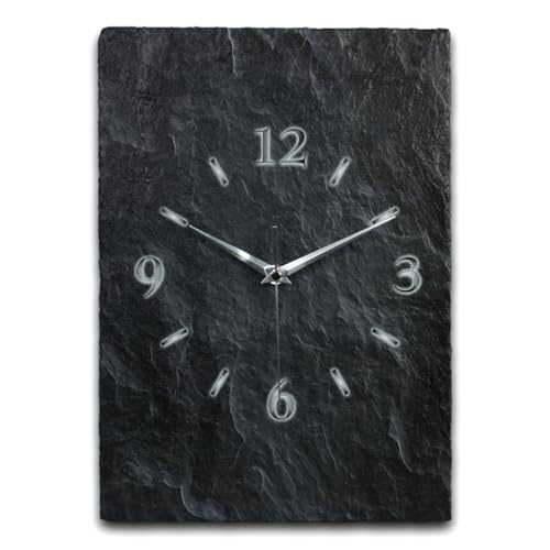 Kreative Feder Designer-Wanduhr aus Stein (Keramik) Größe ca. 35x25cm mit flüsterleisem Uhrwerk (Schiefer Optik schwarz, leises Funkuhrwerk)
