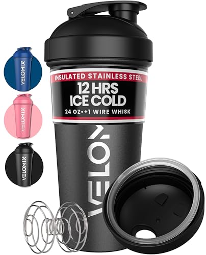 VELOMIX 24 oz Stainless Steel Shaker Bottle with Wire Whisk - Leakproof, No Clumps, Odor Resistant Metal Shaker Bottle, Insulated Shaker Cups for Protein Shakes, Pre Workout and Smoothie (Black)