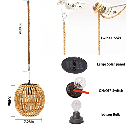 Livinlarge Hanging Solar Lantern Outdoor Waterproof, Large Solar Rattan Lantern Outdoor With Twine Handle, Bright Solar Outdoor Lights With Edison Bulb For Garden Patio Yard Decoration #TOP3