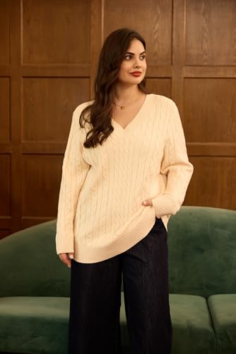 Image of CARCOS Plus Size Sweaters for Curvy Women Long Sleeve Cable V Neck Sweater Knit Pullover Preppy Style Fall Winter XL-5XL