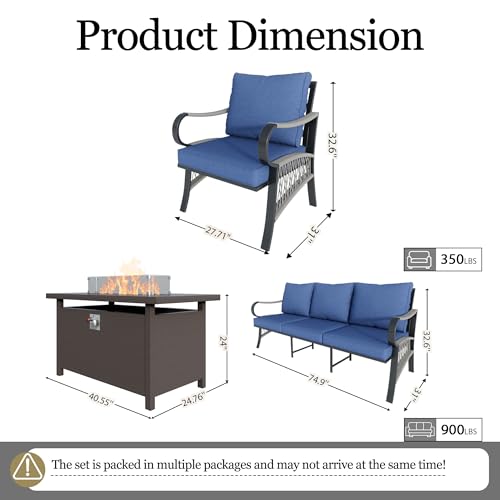 Image of 4-Piece Outdoor Furniture Set, Patio Conversation Set Include 3-Seater Sofa Couch Single Chairs with Fire Pit Table for Deck, Porch, Garden, Backyard, Poolside (Blue Cushions)