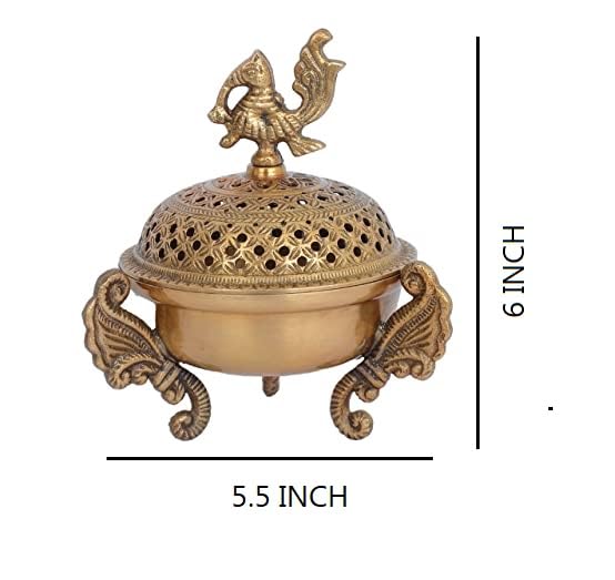 Skywalk Handcrafted Brass Loban Dhoop Dani with Peacock Incense Dhoop Burner for Home Office Temple Prayer (Gold)