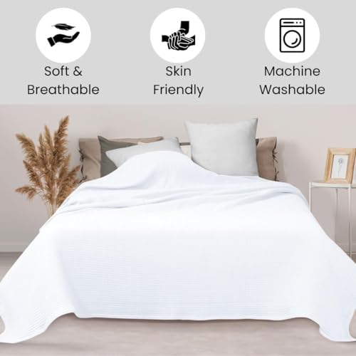 Image of 100% Combed Cotton Waffle Blanket for Bed,Sofa,Couch,| White |Queen -90X90 INCHES -Lightweight and Breathable Soft Woven AC Blankets,Throw for Summer, Spring, Winter, All Season