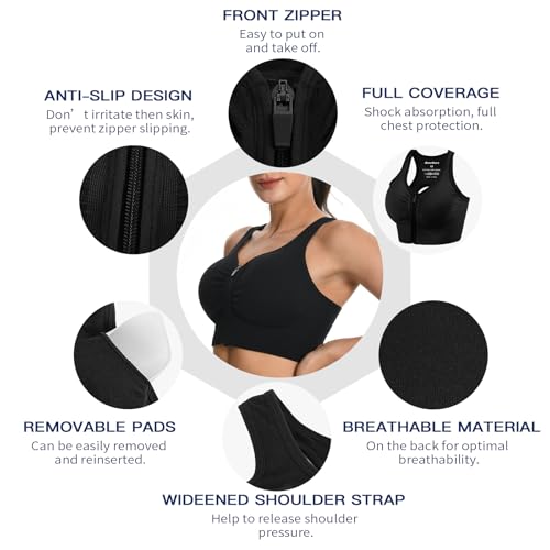 2 Pack Sports Bras for Women Zip Front Closure Yoga Bra Seamless Wirefree Padded High Impact Running Gym Workout Bras3