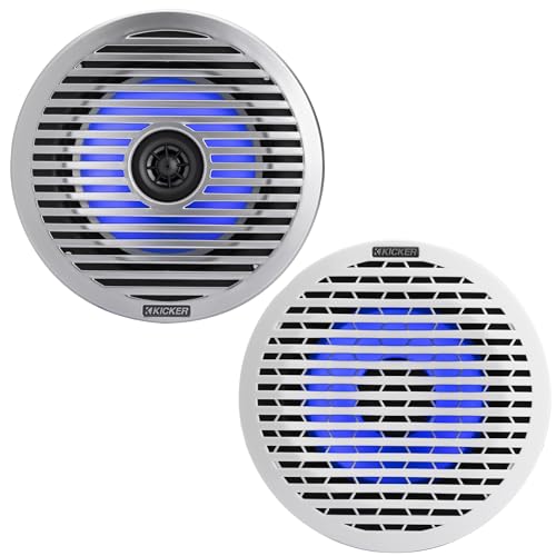 KICKER 51KM614FL 6.5-Inch (165mm) Thin-Mount Marine Coaxial Speakers with RGB LED, 4-Ohm, White & Silver Grilles Included