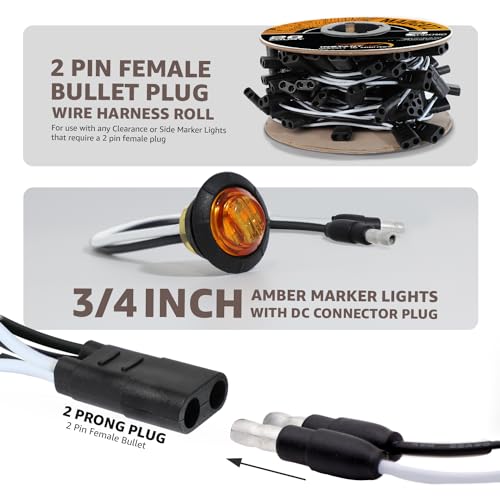 MADCATZ 50 Pcs 3/4" LED Amber Marker Lights 3LED with Bullet Connector Plug + 2 Prong Continuous Wire Harness Roll, 50 Female Plugs - 6.5 inch for Truck Trailer Pickup 12V DC by MADCATZ - Image 3