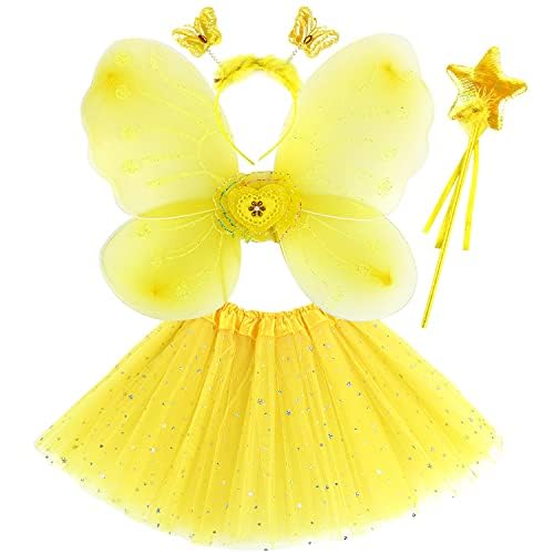 M MUNCASO Ragazze Fata Costume Fancy Dress Up Set di costumi da farfalla Principessa Abito Set di costumi in tulle con ali di farfalla, bacchetta magica e set di cerchietti per bambine 3-8 anni